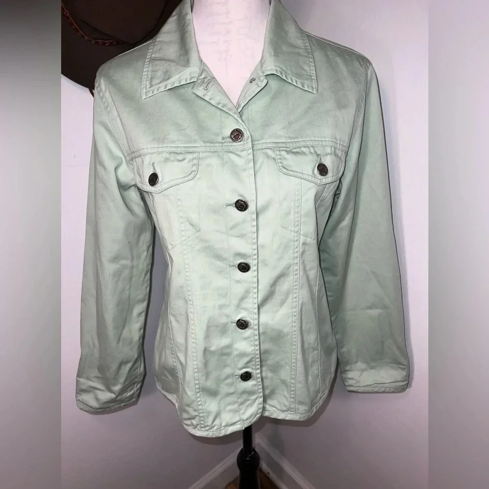 Orvis, S, vintage, pale green w/ floral lining logo button front collared jacket
